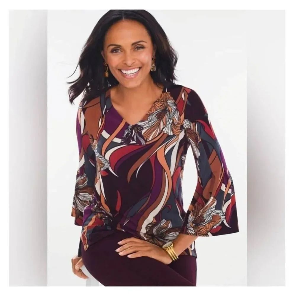 Chico's Travelers Dark Jeweltone Abstract Floral Blouse Top Sz. 2/M